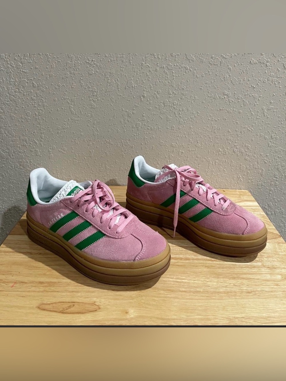 Adidas Gazelle Bold Sneakers in pink with green stripes size 7 Platforms
